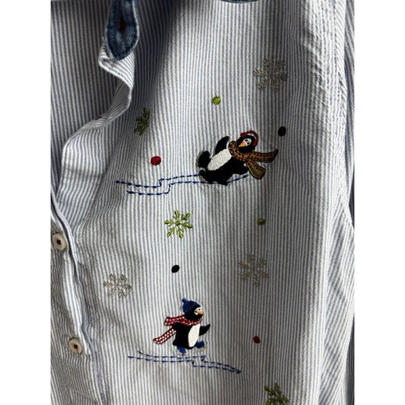 Womens L G 12 14 Striped Penguin Ski Embroidered‎ Denim Collar Button Up Shirt - Picture 3 of 5